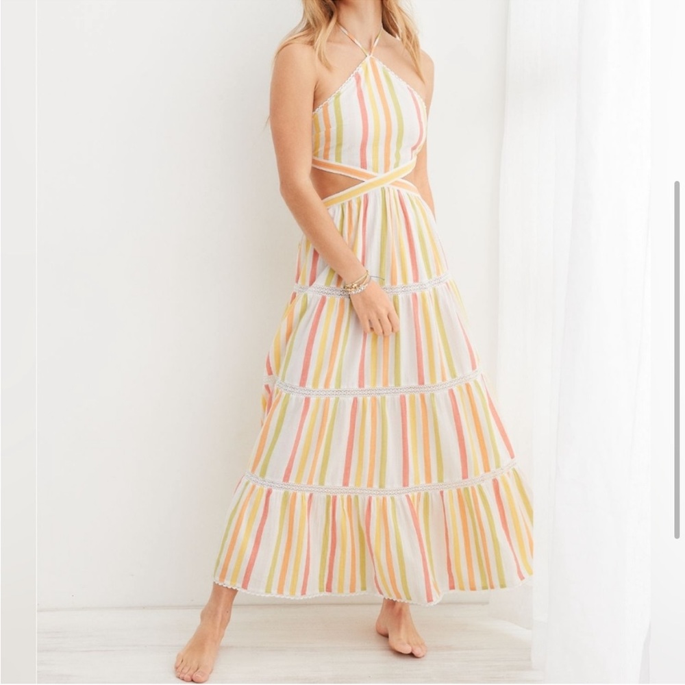 Aerie Striped Halter Cut-Out Dress